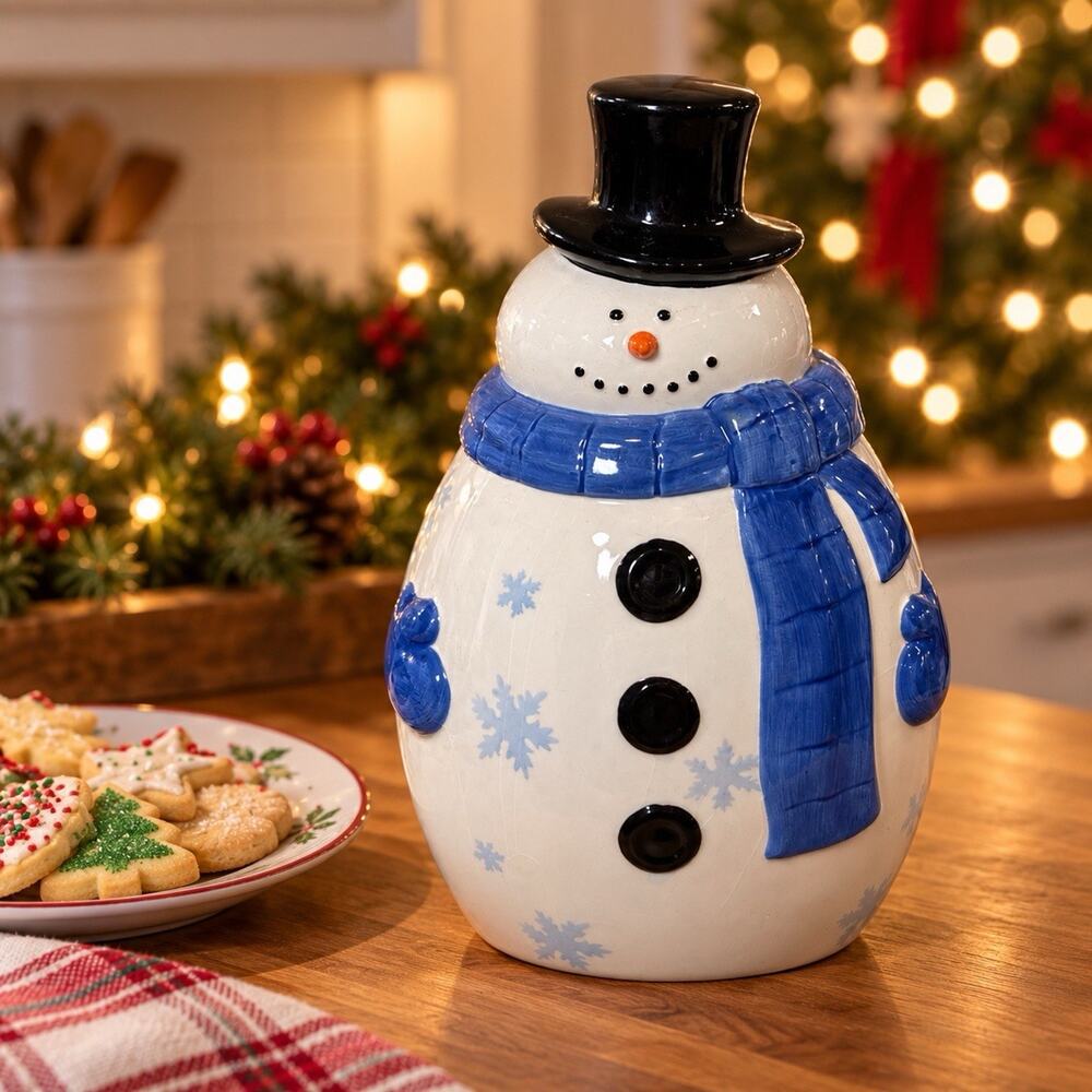 Mrs. Fields Limited Edition Snowman Cookie Jar Blue Scarf Christmas Holiday